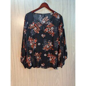 Torrid Super Soft Shirt Floral Criss Cross Long Bell  Sleeve Size 1 1X Black